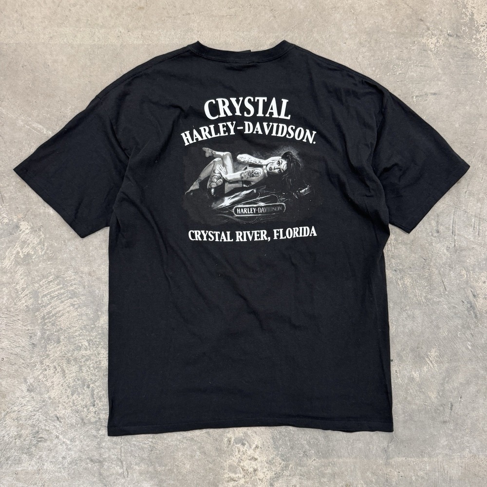 Vintage Harley Davidson Crystal River Florida Lady Babe Black Tee Shirt - XL/XXL